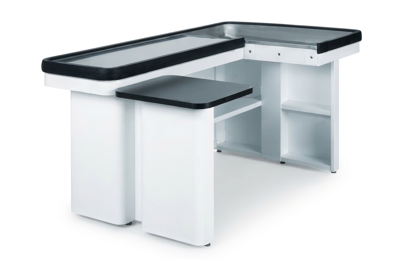 Mueble Caja para Supermercados Modelo MSPO F 21 Mueble caja para supermercados modelo MSPO F con mesa auxiliar lateral