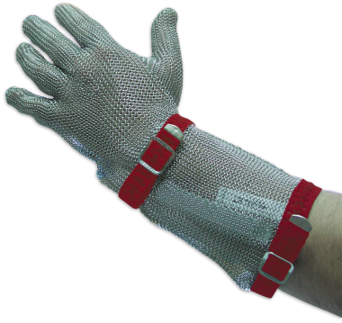 GUANTES DE CINCO DEDOS AMBIDIESTRO EN MALLA DE ACERO INOXIDABLE CON CORREA Y BRAZALETE