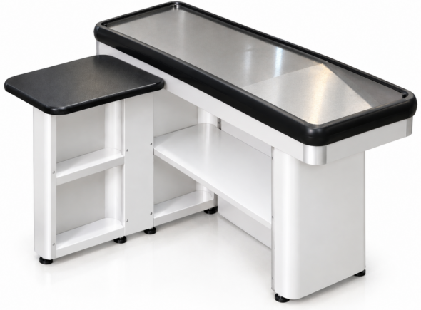 Mueble caja MSPO T con mostrador en ángulo y encimera gris.