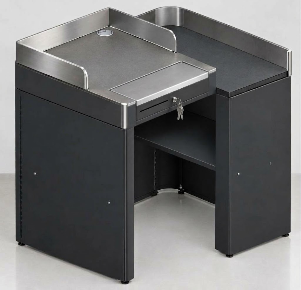 Mueble Caja Expresso – 4 Modelos para Tiendas 6 Mueble Expresso Basic Derecha, vista interior con cajón y llave