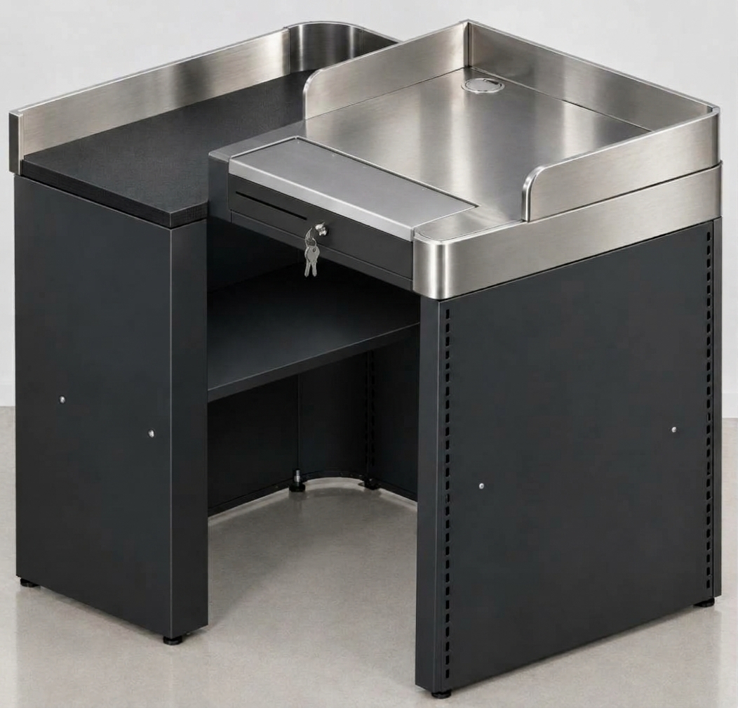 Mueble Caja Expresso – 4 Modelos para Tiendas 8 Mueble Expresso Basic Izquierda, vista interior con cajón y llave